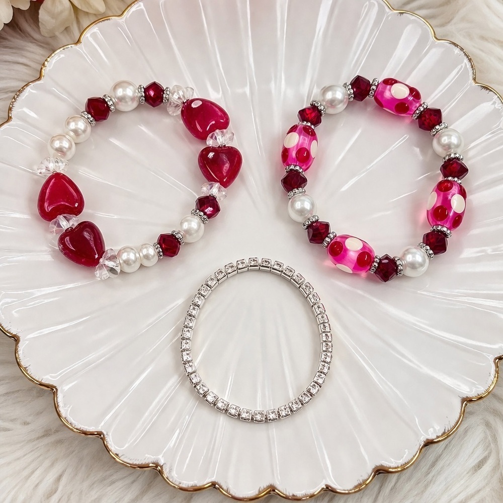 Heart Beaded Bracelet Set Pink Red Pearl Stretch Rhinestone Stack Lot 3
